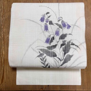 麻　手織り　絽　染帯　夏帯　ホタル袋　紫の花　名古屋帯(着物)