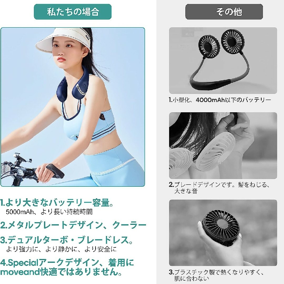 首かけ 首掛け扇風機  ネックファンクーラー 羽なし 軽量 青 ポータブル 男性 スマホ/家電/カメラの冷暖房/空調(扇風機)の商品写真