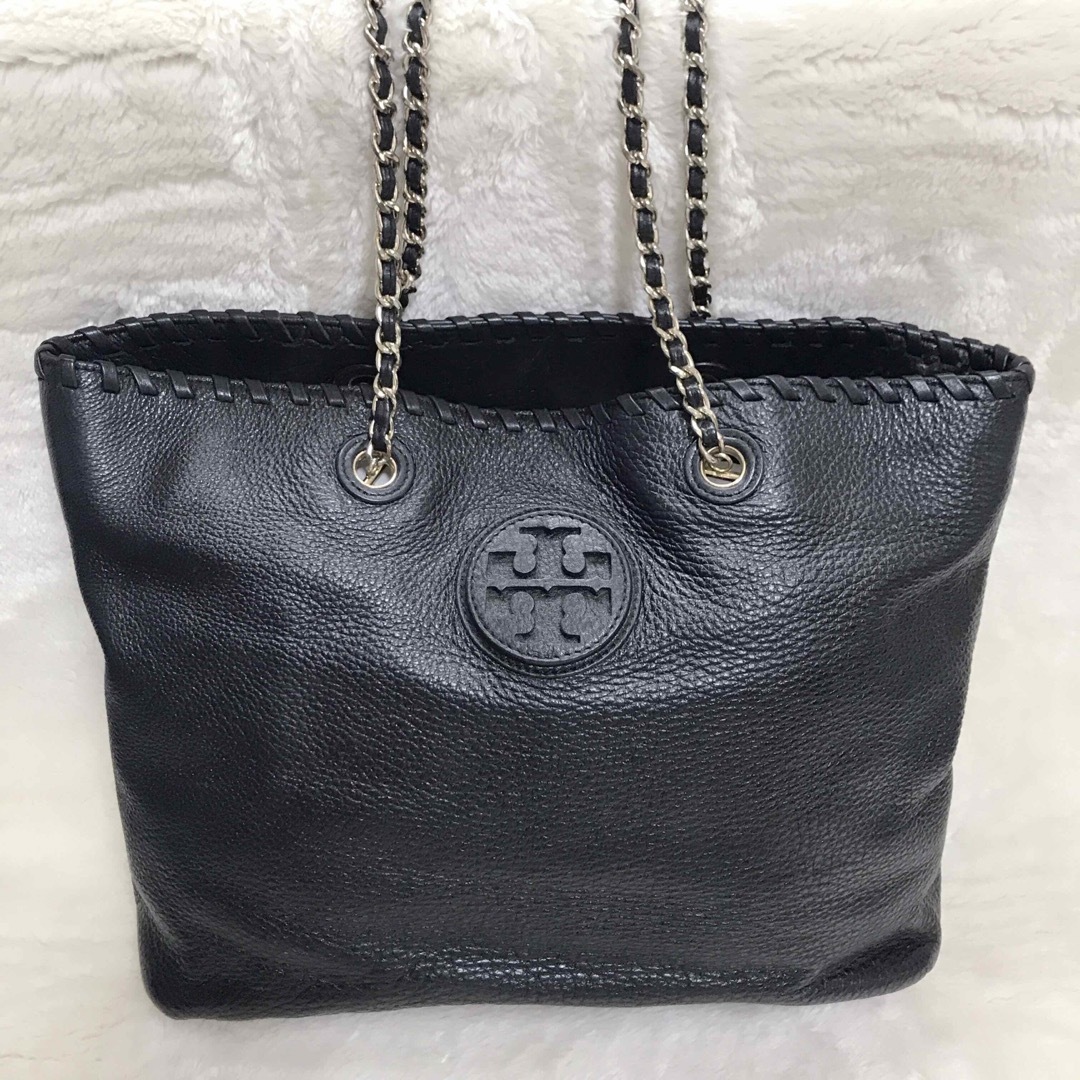 美品TORY BURCH 肩がけ オールレザー トートバッグ チェーン 黒-