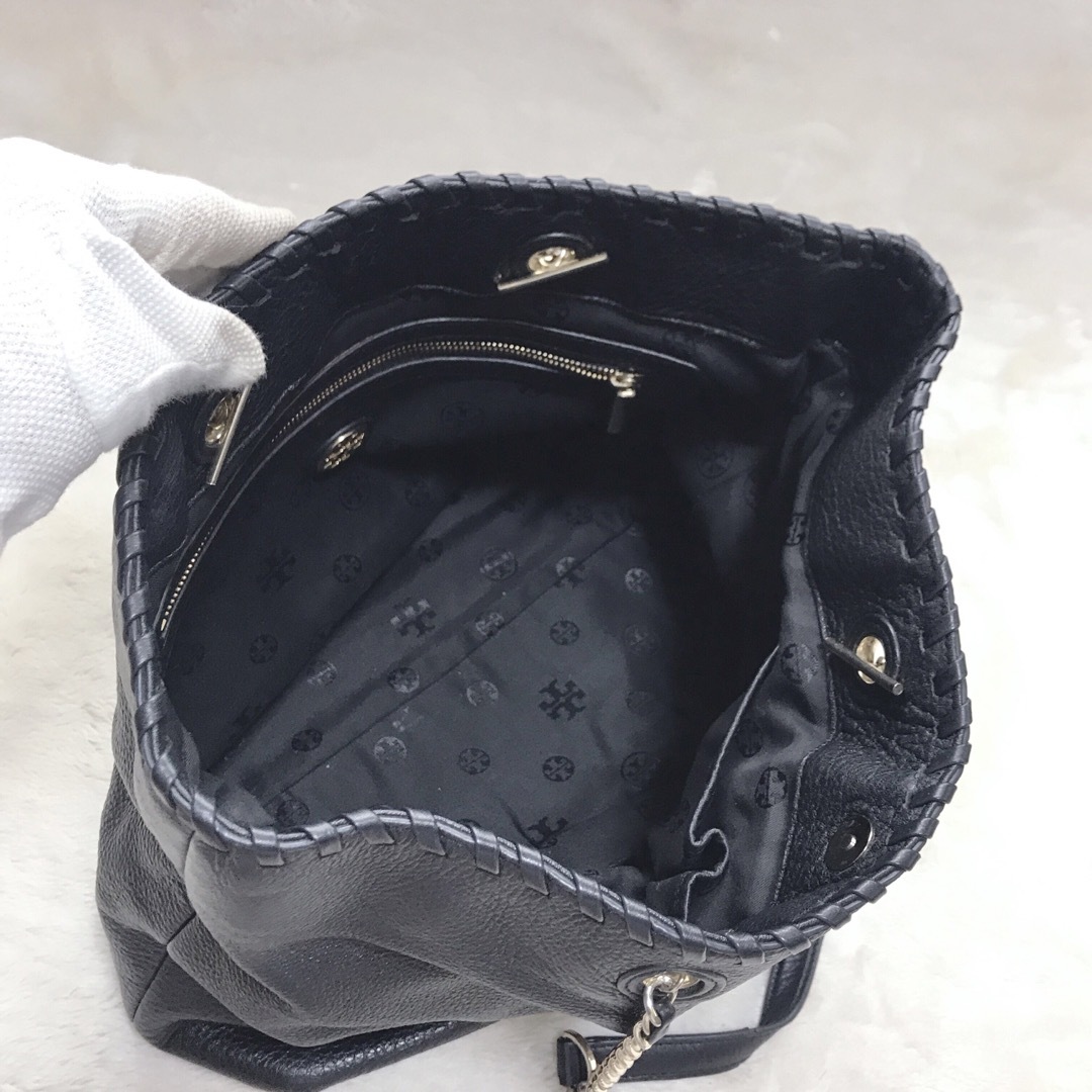 美品TORY BURCH 肩がけ オールレザー トートバッグ チェーン 黒-