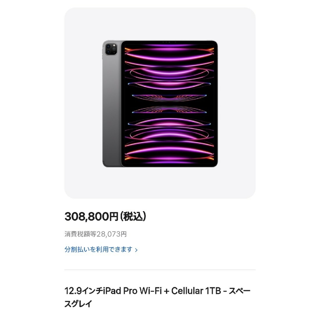 アップルシリーズ名iPadPro 12.9インチ 第6世代 1TB Cellular シムフリー