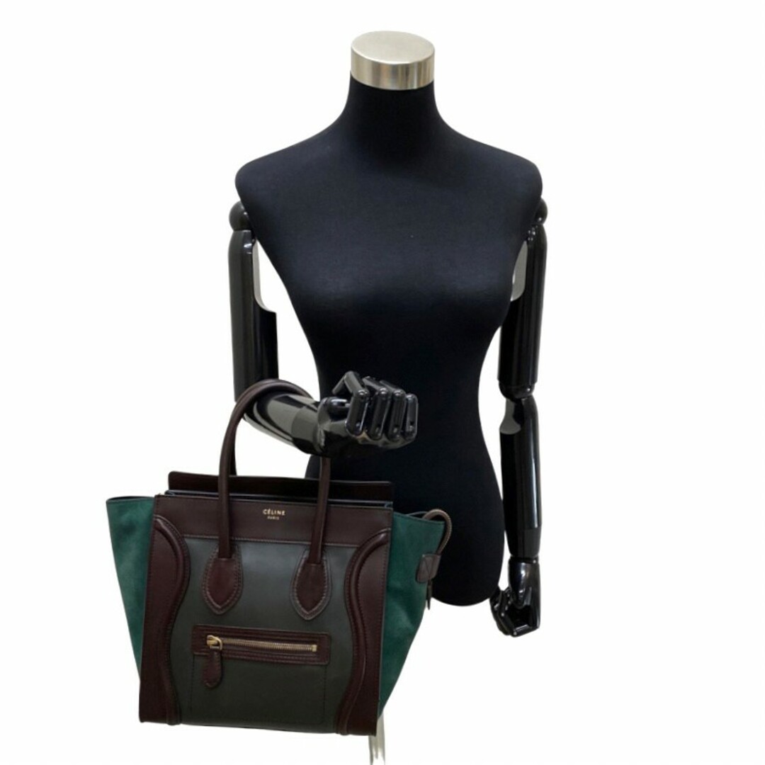 極 美品 CELINE セリーヌ ラゲージ マイクロショッパー レザー本革 スエード ハンドバッグ トートバッグ ブラウン グリーン カーキ 11342 1