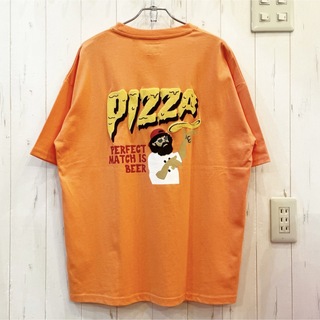 新品　ピザ　ロゴ　グラフィック　バックプリント　Tシャツ　オレンジ　アメカジ(Tシャツ/カットソー(半袖/袖なし))