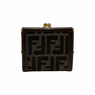 フェンディ(FENDI)の極 美品 レア品 FENDI フェンディ ズッカ 柄 レザー 本革 キャンバス がま口 二つ折り 財布 ミニ ウォレット ブラウン カーキ 19082(財布)