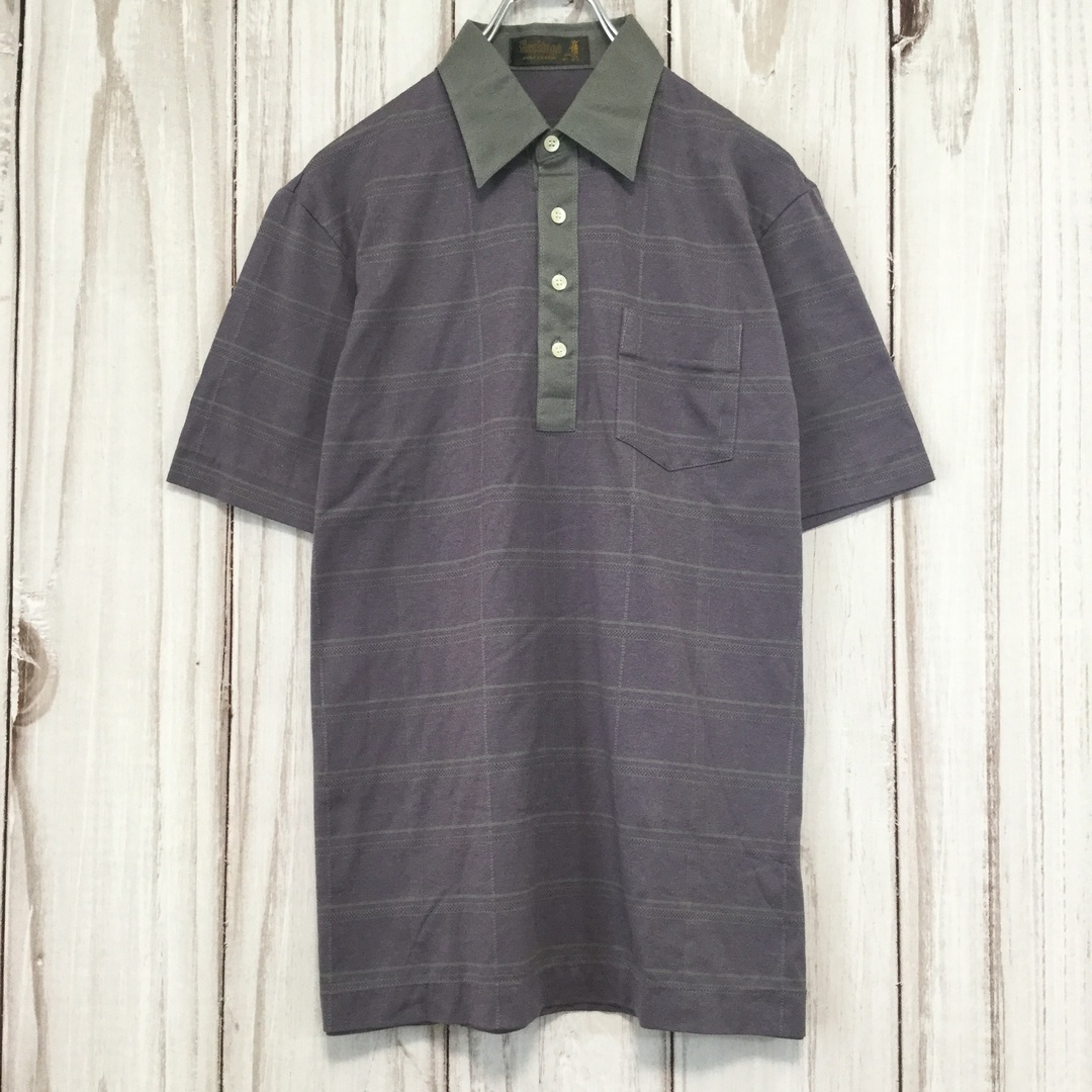 レトロ 総柄 半袖ポロシャツ 襟色違い 日本製 M 紫 古着 メンズのトップス(ポロシャツ)の商品写真