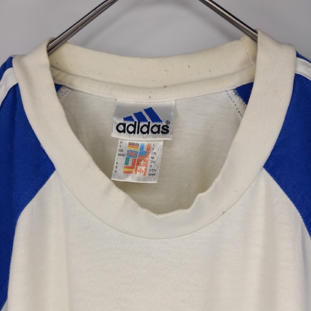 adidas(アディダス)の90s　アディダス　ラグランTシャツ　半袖　ストライプ　刺繍ロゴ　白　青 メンズのトップス(Tシャツ/カットソー(半袖/袖なし))の商品写真
