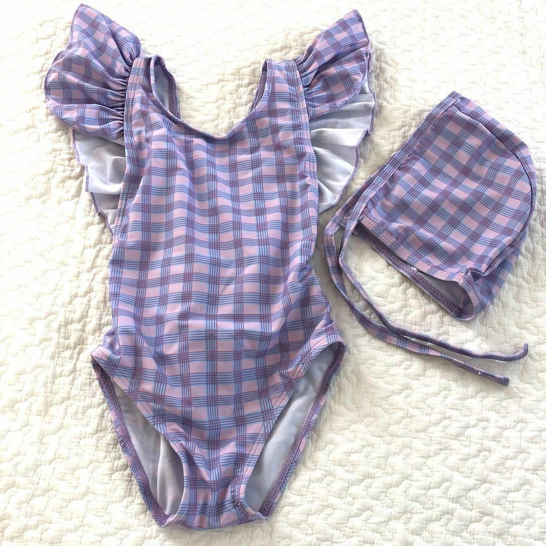 ベビー キッズ 女の子 水着 ワンピース フリル パープル 120 帽子付 キッズ/ベビー/マタニティのキッズ服女の子用(90cm~)(水着)の商品写真