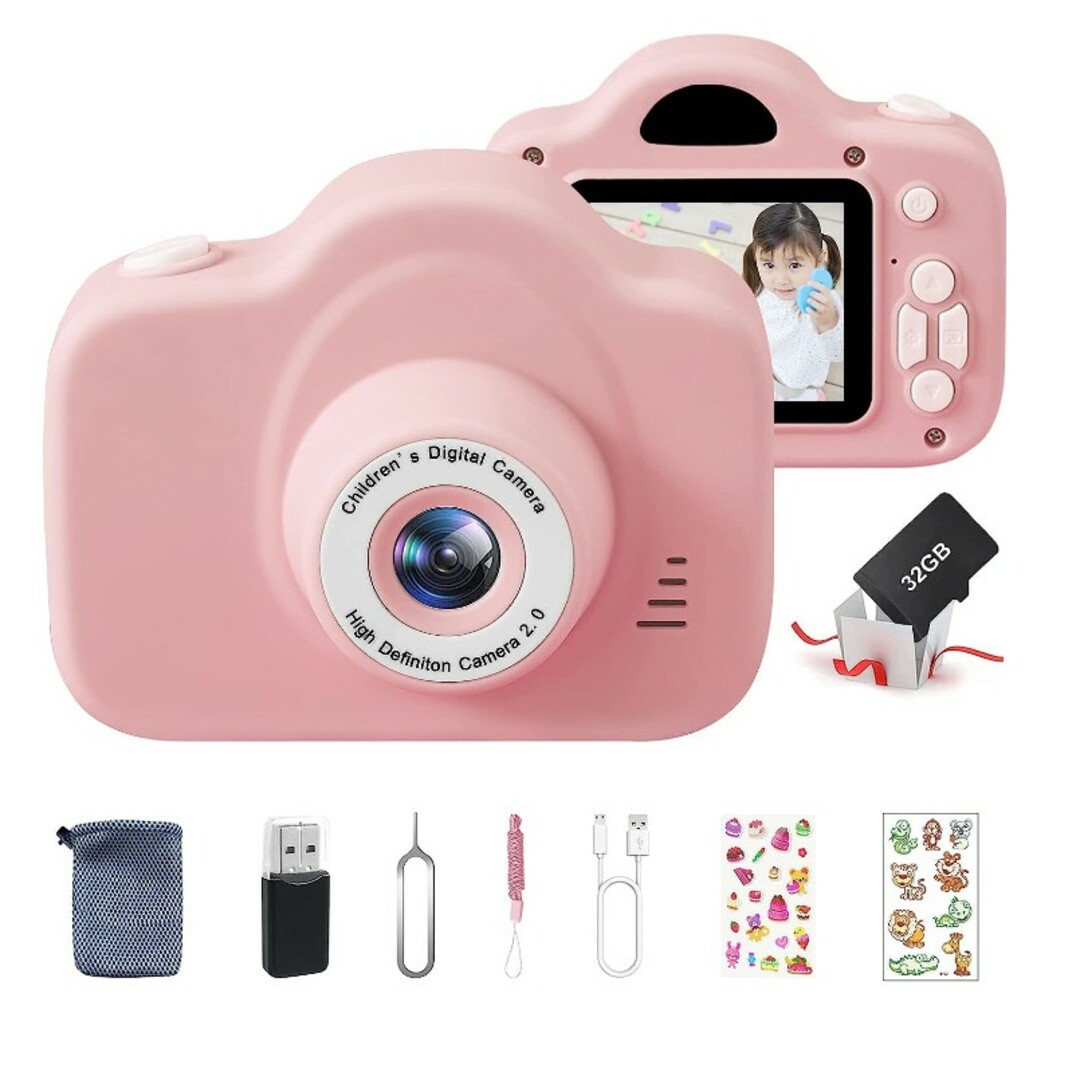 日本語取扱説明書キッズカメラ 子供用 デジタルカメラ 2000万画素 ピンク SDカード付き
