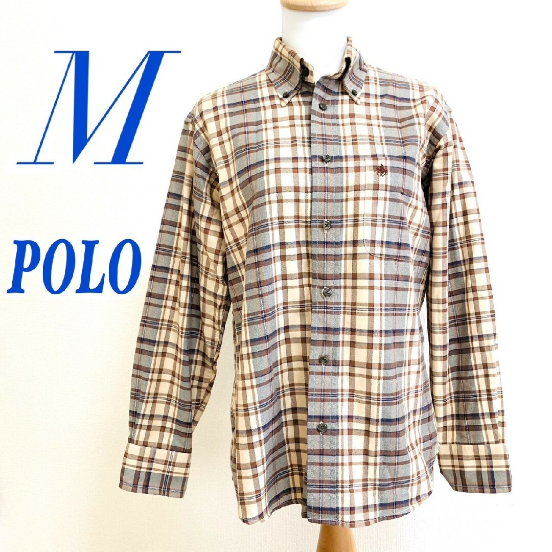 POLO RALPH LAUREN(ポロラルフローレン)のPOLO ポロ　長袖シャツ　チェック　刺繍　ベージュ　ブラウン　グレー　M メンズのトップス(シャツ)の商品写真