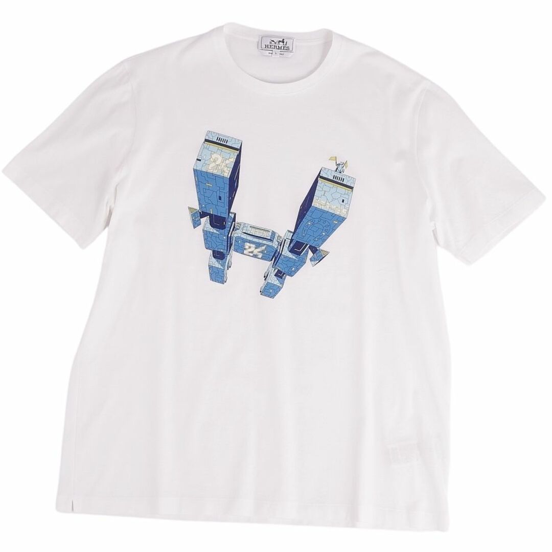 美品 エルメス HERMES Tシャツ 20SS カットソー IMPRIME HERMES ODYSEE Hロゴ トップス メンズ イタリア製 L ホワイト/ブルー