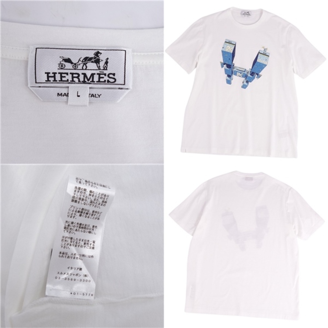 美品 エルメス HERMES Tシャツ 20SS カットソー IMPRIME HERMES ODYSEE Hロゴ トップス メンズ イタリア製 L  ホワイト/ブルー