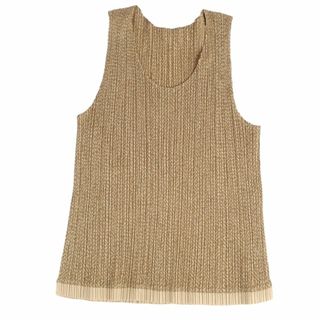 プリーツプリーズイッセイミヤケ(PLEATS PLEASE ISSEY MIYAKE)の美品 プリーツプリーズ イッセイミヤケ PLEATS PLEASE シャツ ノースリーブ 総柄 プリーツ トップス レディース 3(L相当) ベージュ(キャミソール)