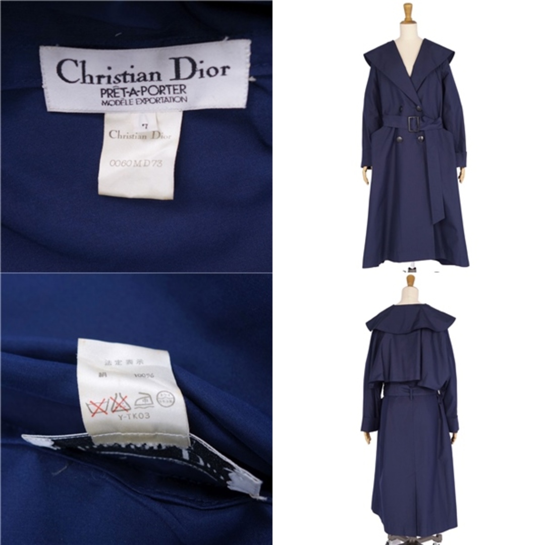 美品 クリスチャンディオール Christian Dior コート ロングコート ダブルブレスト ベルト 無地 アウター レディース 7(S相当)  ネイビー