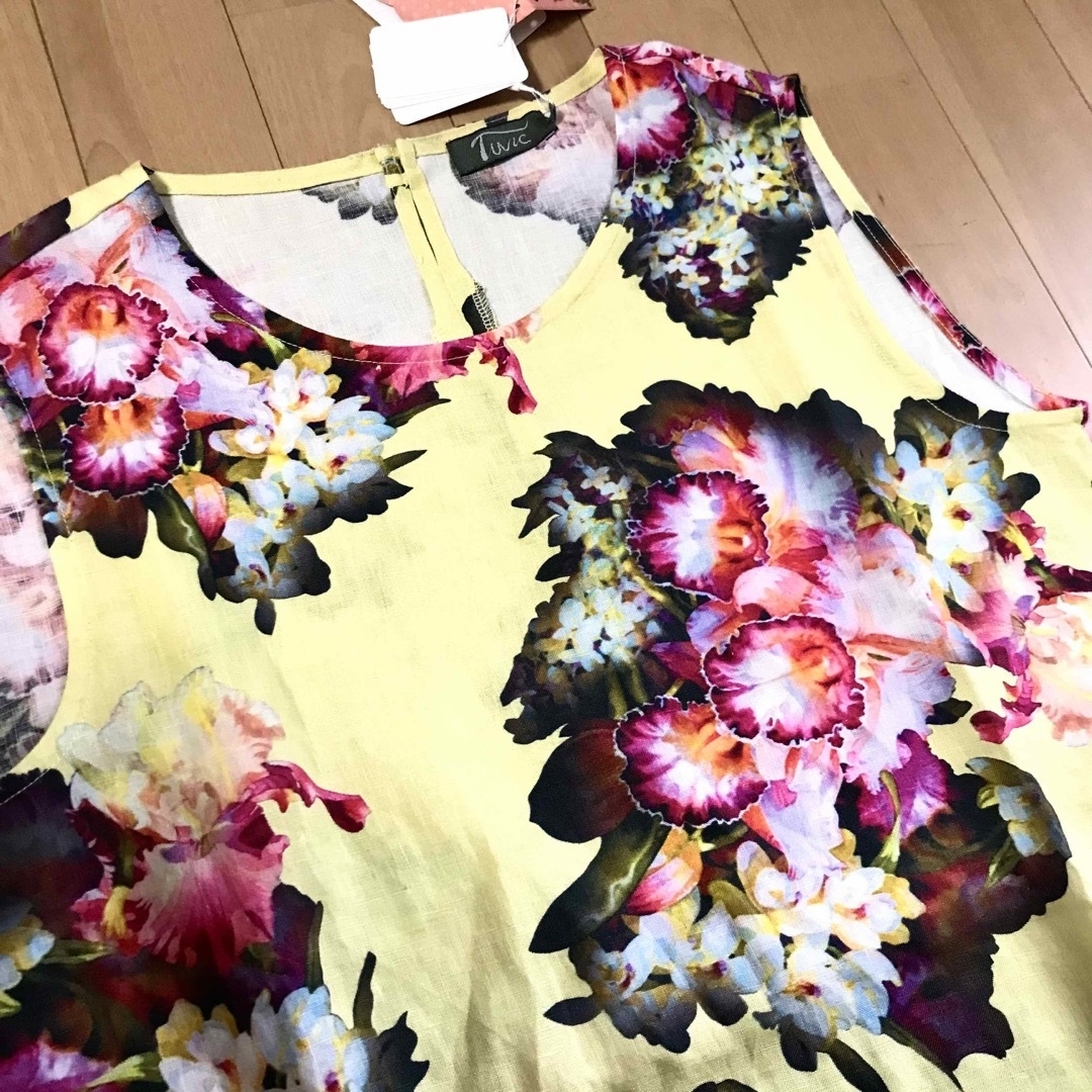 新品 涼しい！TUNIC 鴨居洋子 リネン ワンピース　イエロー　花柄　フリー 4