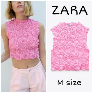 ザラ(ZARA)のZARA　テクスチャートップス　Mサイズ　ピンク(Tシャツ(半袖/袖なし))