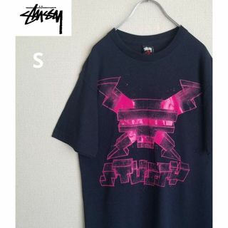 ステューシー(STUSSY)の古着　stussy ステューシー ピンク蛍光プリントT　ネイビー　Ｓ(Tシャツ/カットソー(半袖/袖なし))