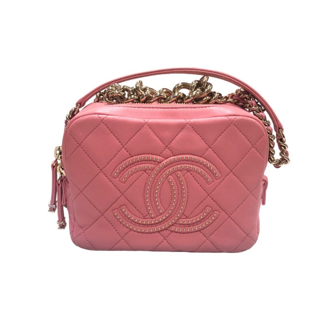 シャネル CHANEL スクエア2WAYショルダー ピンク　ゴールド金具 ラムスキン レディース ショルダーバッグ約75cm開閉式