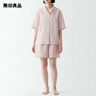 ムジルシリョウヒン(MUJI (無印良品))の無印良品 天然素材の接触冷感 リヨセル麻半袖パジャマ／ピンクストライプ／Ｌ(パジャマ)