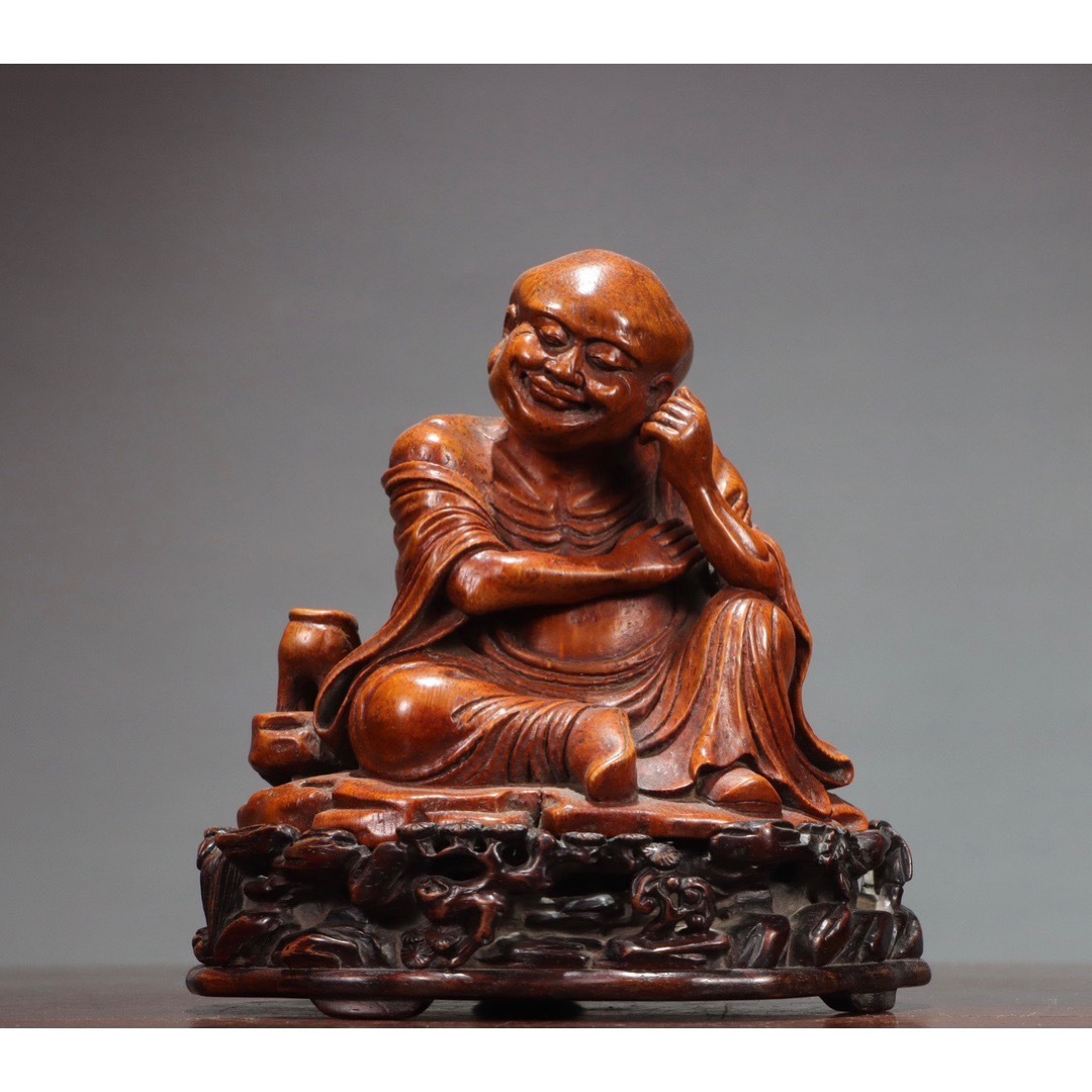 雅古堂】竹雕 沉思 羅漢 古置物 古擺件 時代物 古董 骨董 仏像 仏教