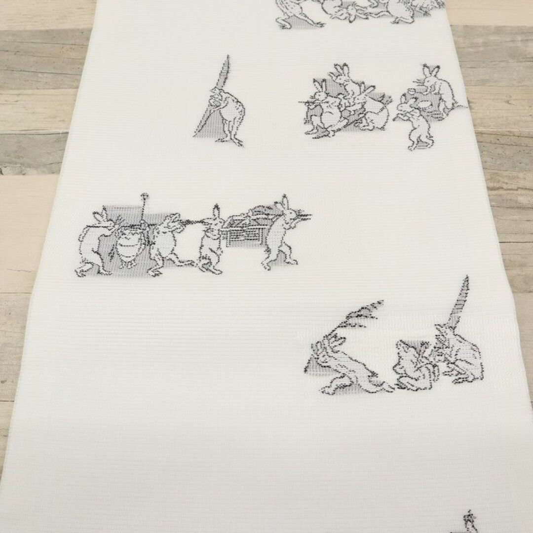 新品□夏『絽』名古屋帯『鳥獣人物戯画』白黒モノトーン◇正絹着物