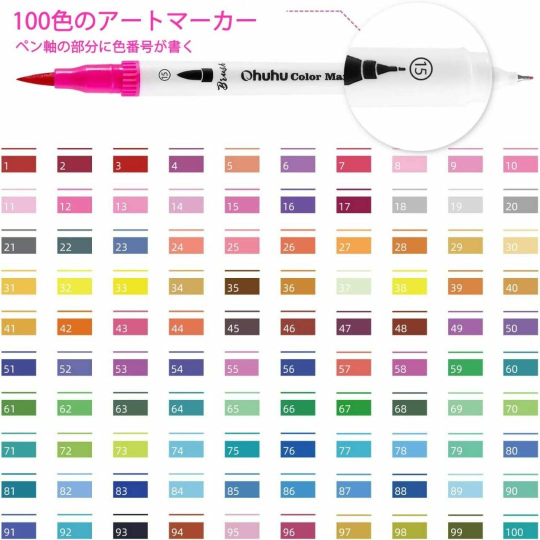 100色カラーペンセット 筆タイプ水性マーカーペン04㎜軟筆の太字