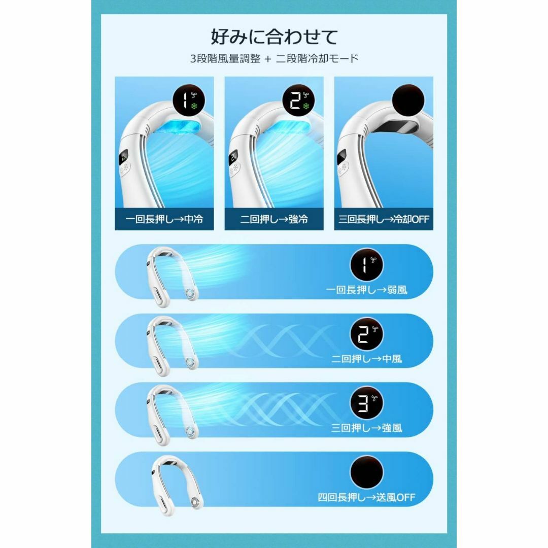 快適な涼しさをもたらす冷却ネックファン / 3段階風量調節 / 長時間 ...