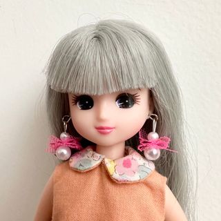 リカちゃん ドール用 チュールリボン 雪だるまピアス ピンク(その他)