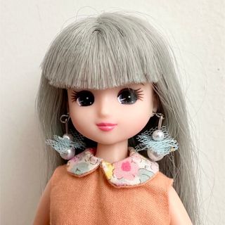 リカちゃん ドール用 チュールリボン 雪だるまピアス 水色(その他)