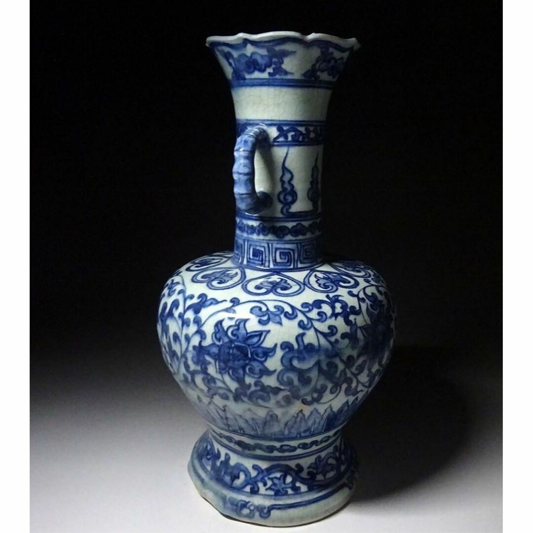 中国古玩 青花 染付唐草文 双耳大花瓶 高約38cm 唐物 時代物 c98429