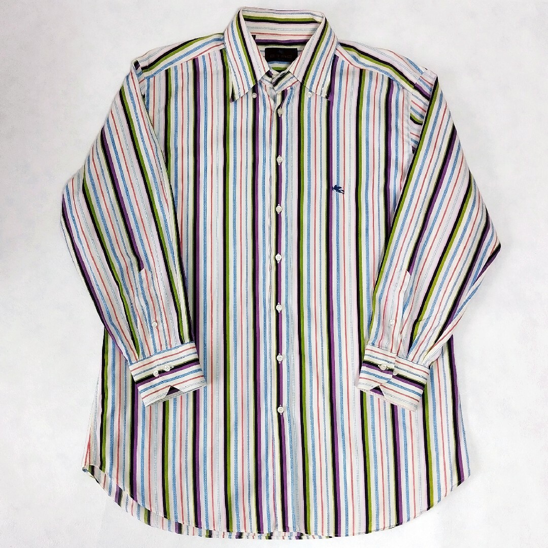 美品 エトロ ワイシャツ 刺繍ロゴ ストライプ 大きいサイズ メンズ 43 1