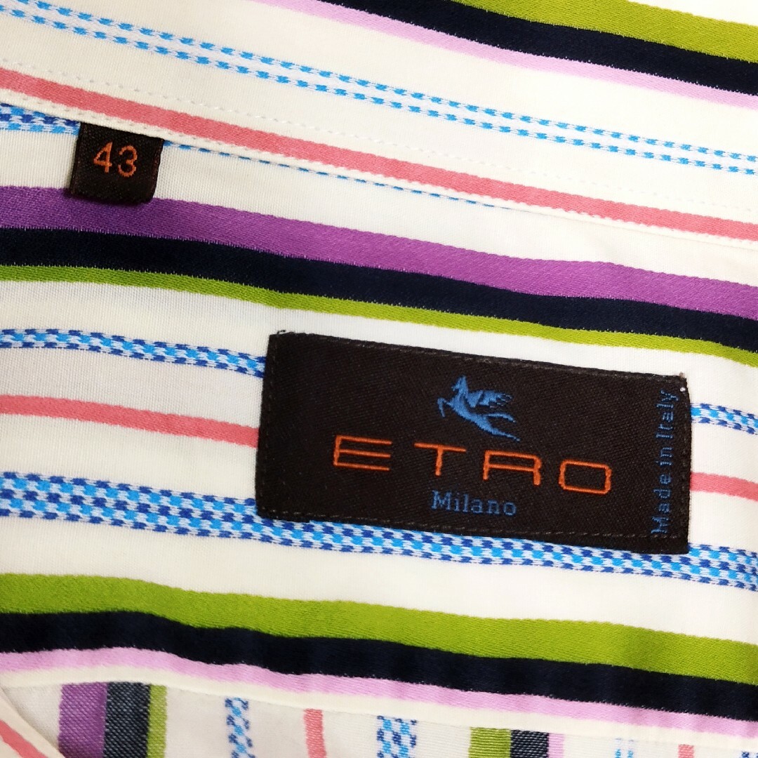 美品 エトロ ワイシャツ 刺繍ロゴ ストライプ 大きいサイズ メンズ 43 7
