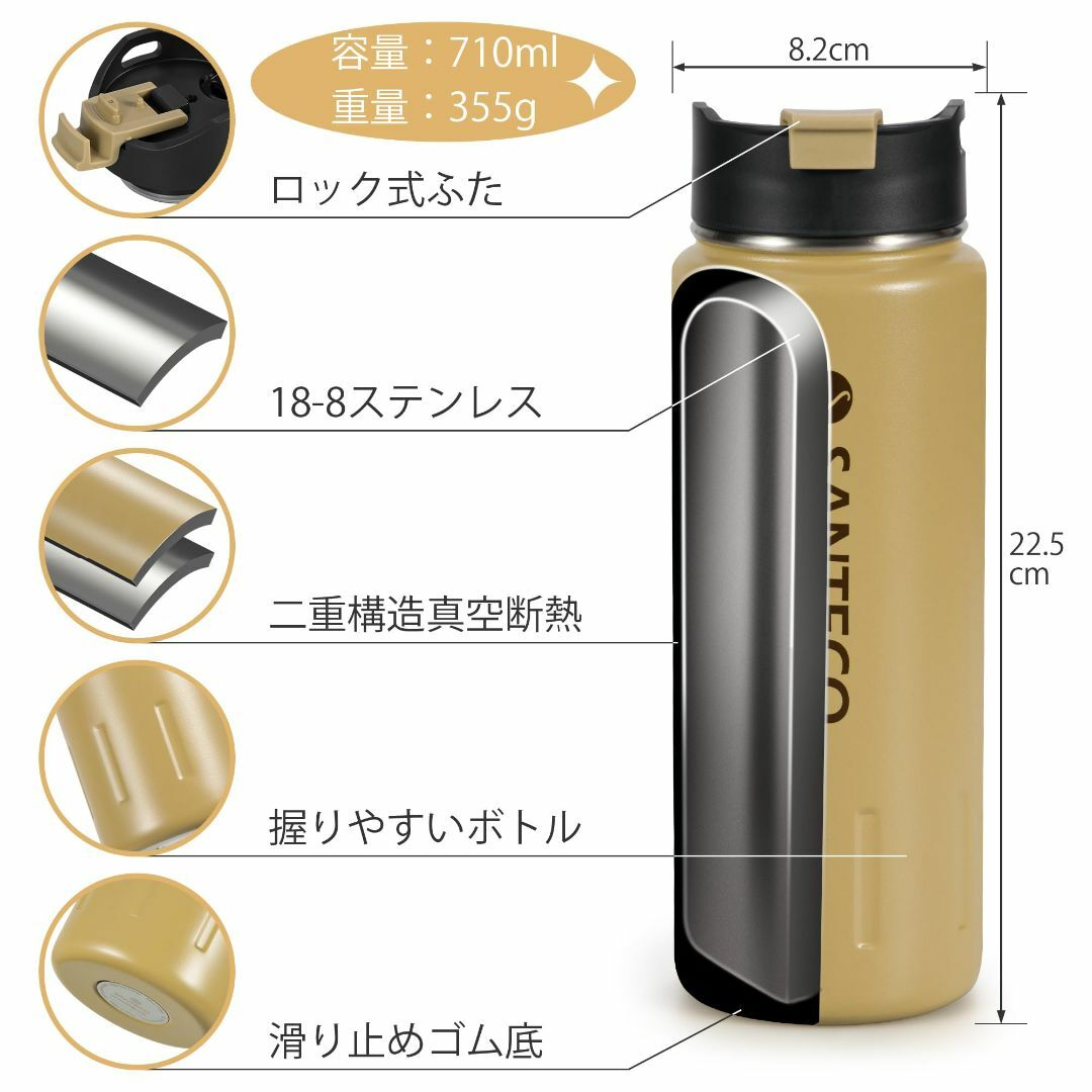 【色: カーキ】SANTECO 水筒 710ml 大容量 直飲み 真空断熱 魔法 2