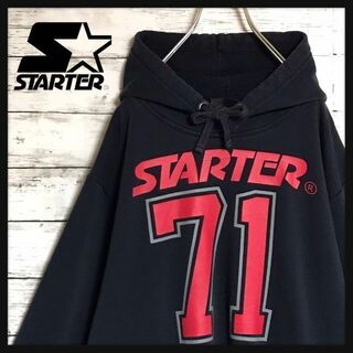 スターター(STARTER)の【美品】スターター⭐︎ビッグプリントパーカー　裏起毛　ゆるだぼ　黒　B40(パーカー)