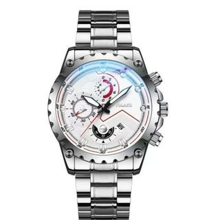 T397 新品 クロノグラフ YOLAKO 腕時計ステンレス シルバー×ホワイト(腕時計(アナログ))