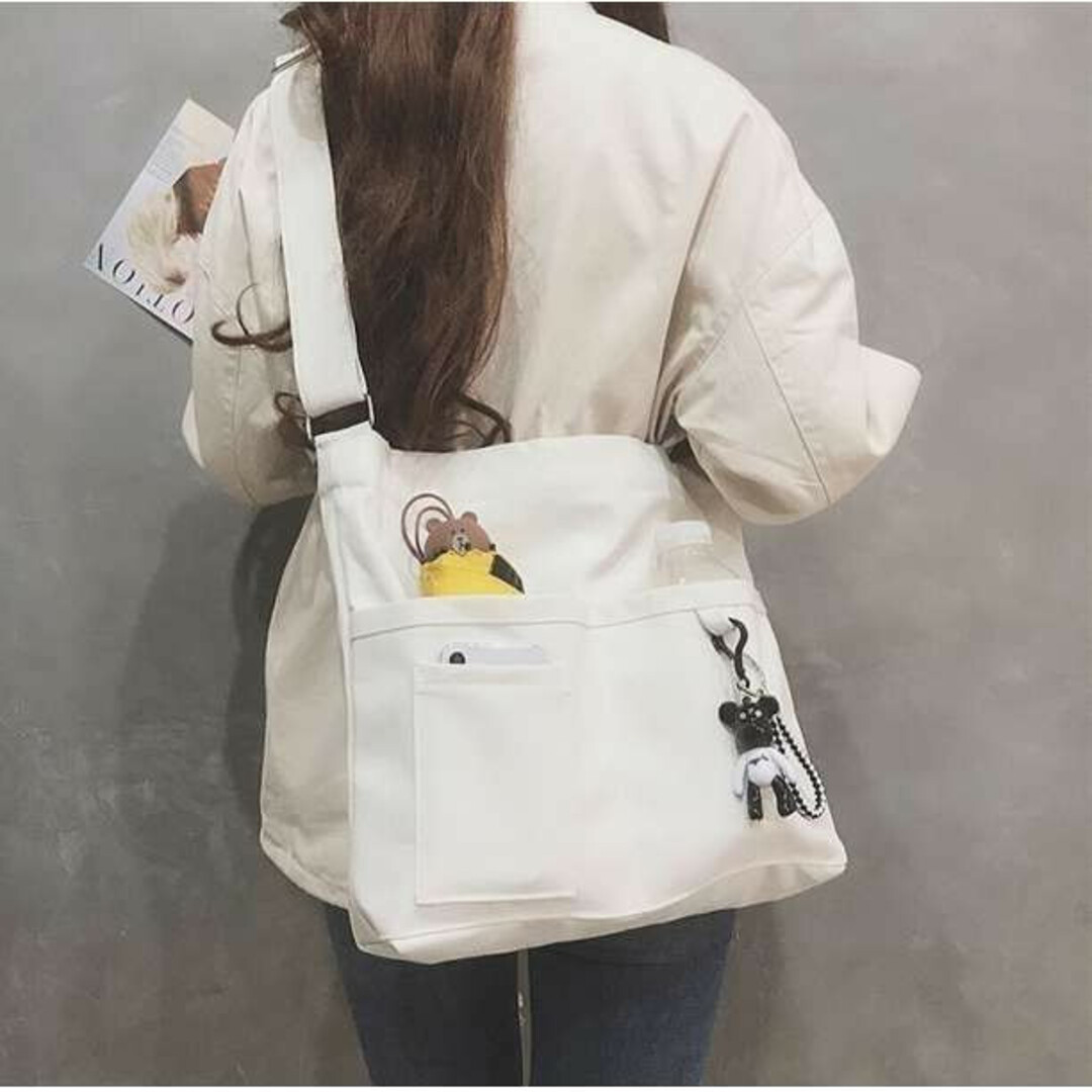 代引き手数料無料 2WAY⭐️トートバック ホワイト 白 通学 韓国 キャンバス ショルダーバッグ