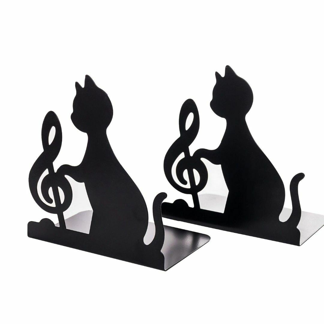 【色: 音符 猫】可愛いブックエンド 本立て 金属製 卓上収納 ブックスタンド