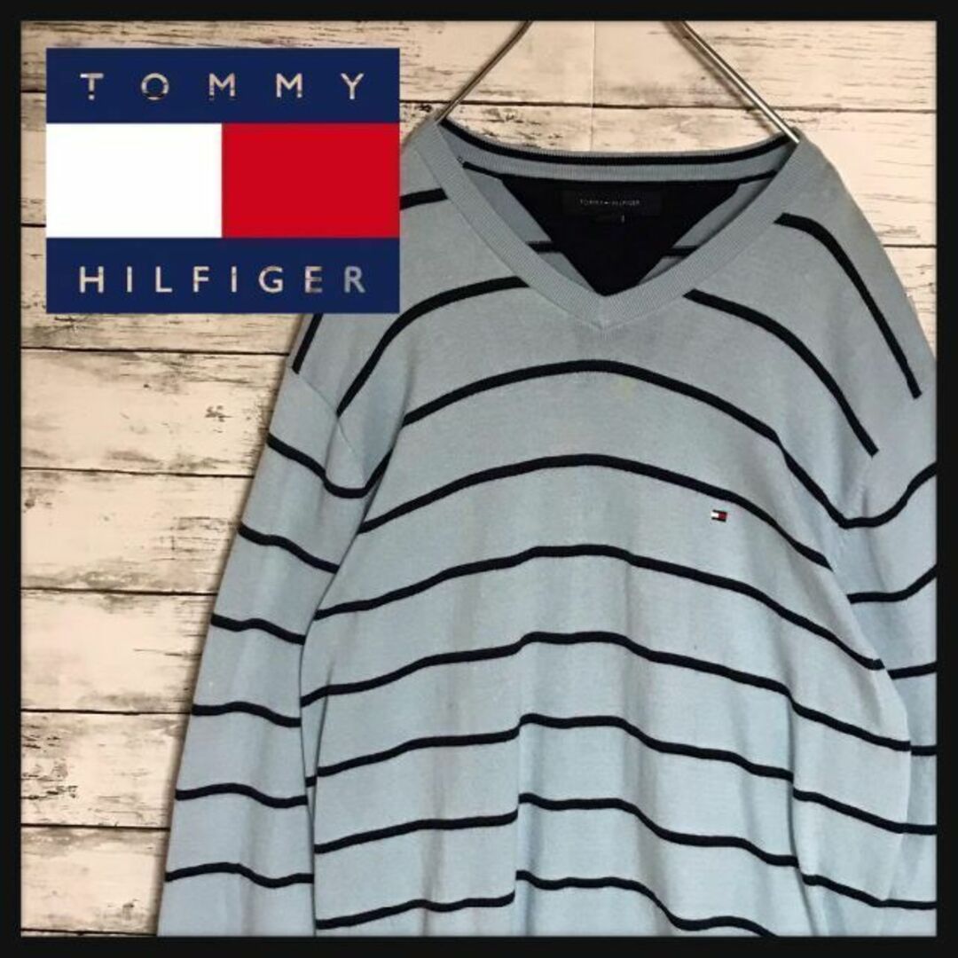 TOMMY HILFIGER(トミーヒルフィガー)の【人気デザイン】トミーヒルフィガー　長袖ボーダーニット　水色Lサイズ　A504 メンズのトップス(ニット/セーター)の商品写真