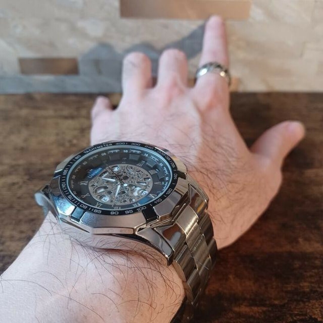 T107 新品 彫スケルトンUnraion 腕時計ラグジュアリーステンレス 青 メンズの時計(腕時計(アナログ))の商品写真