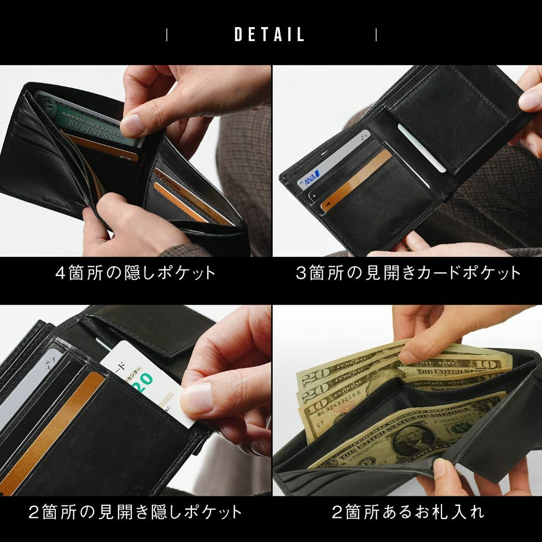 【色: ブラックA type：縦型コインポケット】MURA 二つ折り財布 財布 4