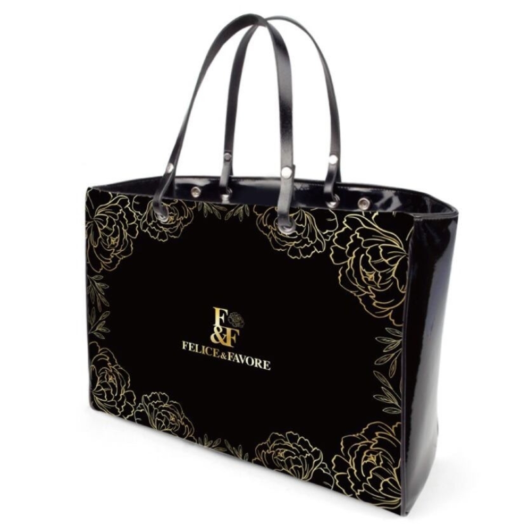 トートバッグ ビッグ ロゴ ブラック 花柄 ゴールド 鞄 オシャレ フラワー レディースのバッグ(トートバッグ)の商品写真
