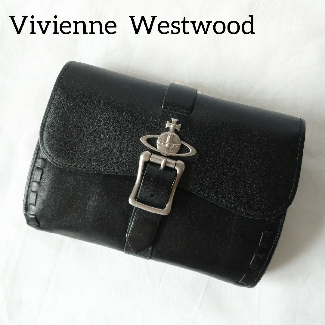 vivienne westwood オーブ ベルト がま口 レザー 折り財布 黒-
