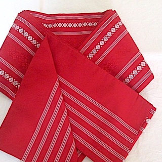 25半幅帯♪浴衣帯♪小袋帯♪赤に赤と白の博多献上柄♪正絹だと思います♪used(浴衣帯)