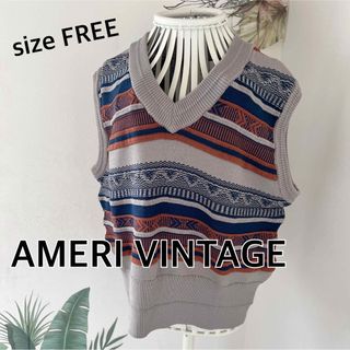 アメリヴィンテージ(Ameri VINTAGE)のAMERIアメリヴィンテージ　総柄ジャガード編みVネックニットベスト★紺グレー茶(ベスト/ジレ)