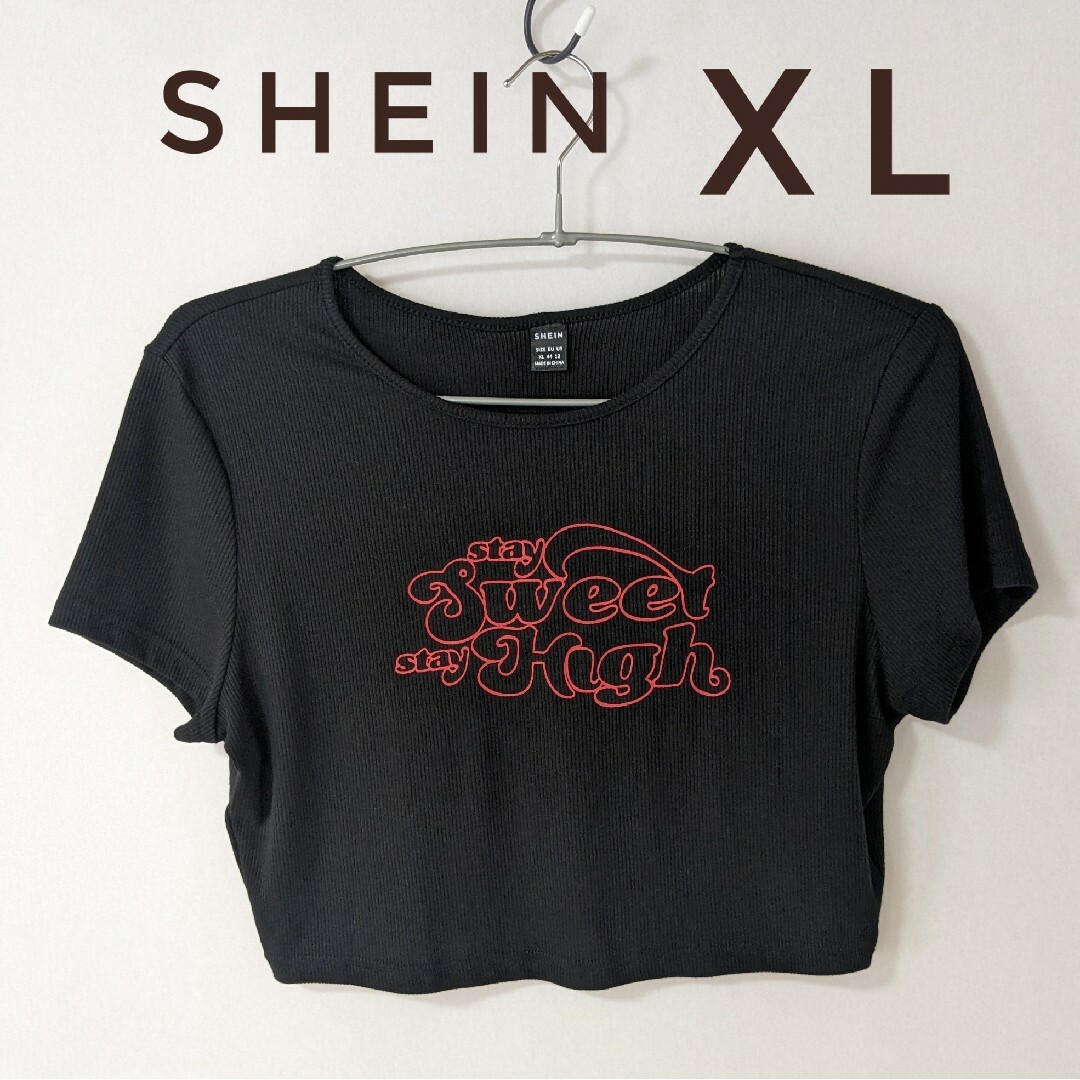 SHEIN シーイン リブ クロップド Tシャツ ロゴ ブラック レッド XL レディースのトップス(Tシャツ(半袖/袖なし))の商品写真