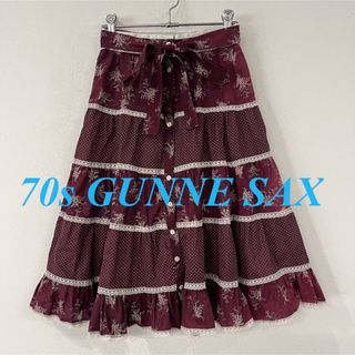 ガニーサックス(GUNNE SAX)のビンテージ　70s　ガニーサックス　ドット　花柄　レース　フリル　スカート(ロングワンピース/マキシワンピース)