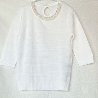 セシルマクビー(CECIL McBEE)の五部袖 ボーダー加工 サマーニット パールビーズ トップス  M ストレッチ(ニット/セーター)