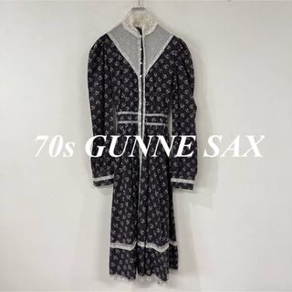 ガニーサックス(GUNNE SAX)のビンテージ　70s　USA製　ガニーサックス　小花柄　レース　長袖　ワンピース(ロングワンピース/マキシワンピース)