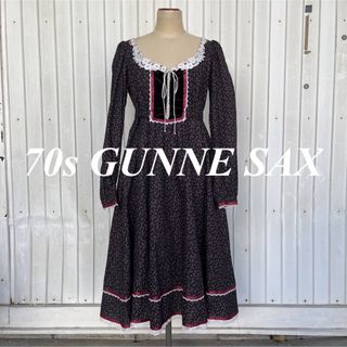 ガニーサックス(GUNNE SAX)の70s　ガニーサックス　レース　花柄　小花柄　長袖　ワンピース　タロンジッパー(ロングワンピース/マキシワンピース)