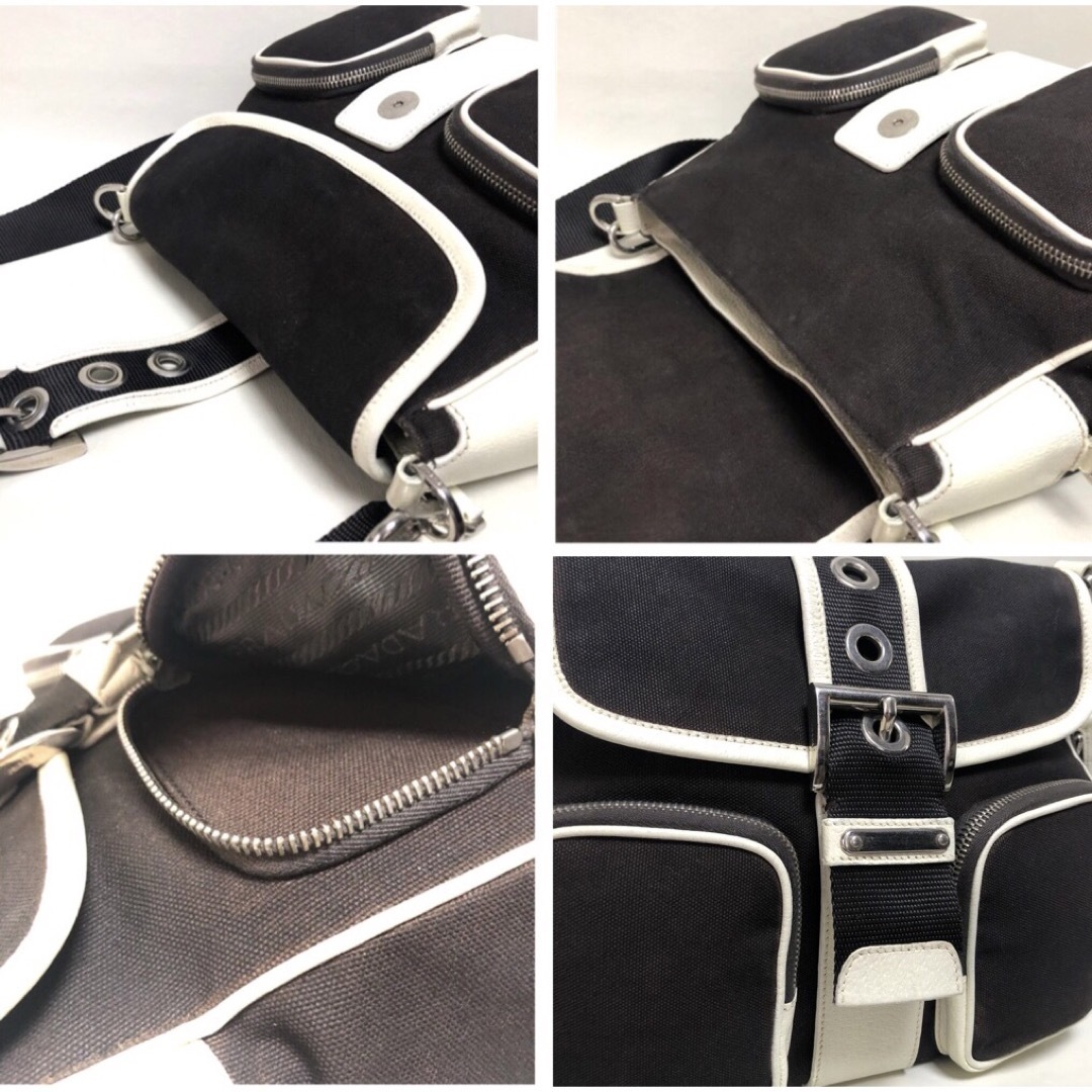 PRADA プラダ 三角プレート キャンパス/レザー ショルダーバッグ PRADA プラダ 三角プレート キャンパス/レザー ショルダーバッグ