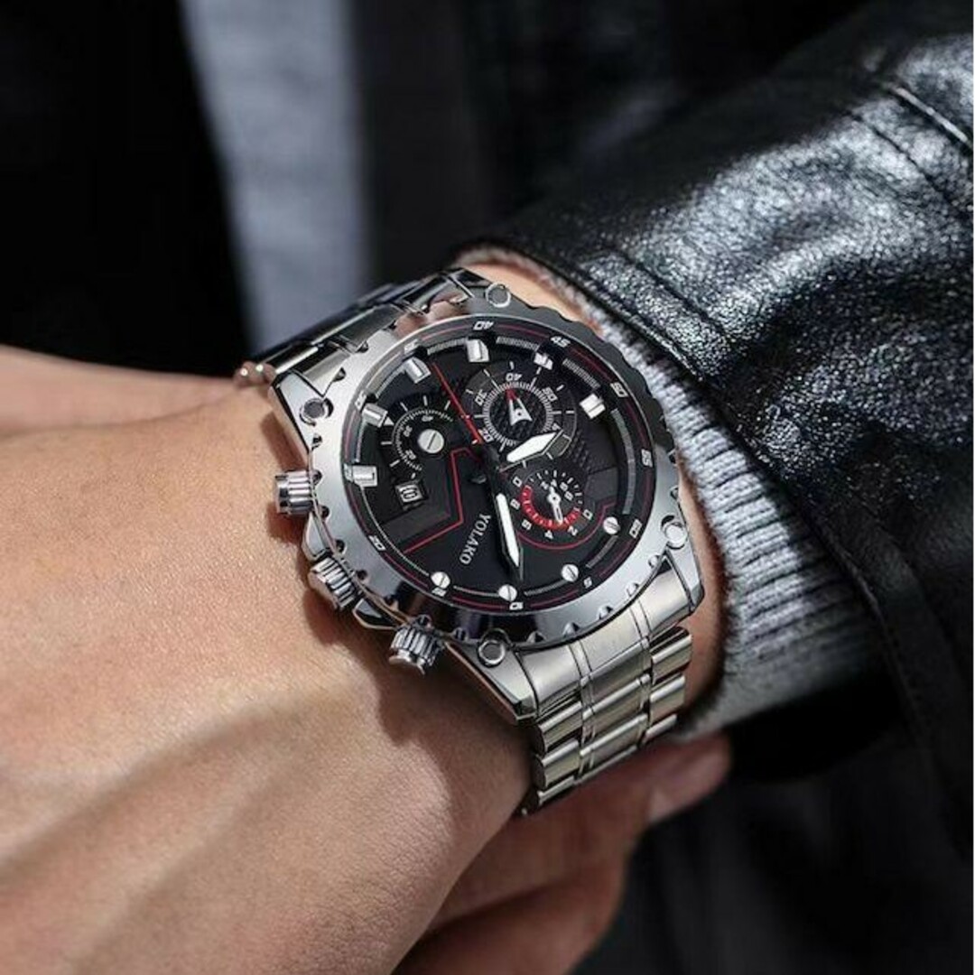 T398 新品 クロノグラフ YOLAKO 腕時計ステンレス シルバー×ブラック メンズの時計(腕時計(アナログ))の商品写真